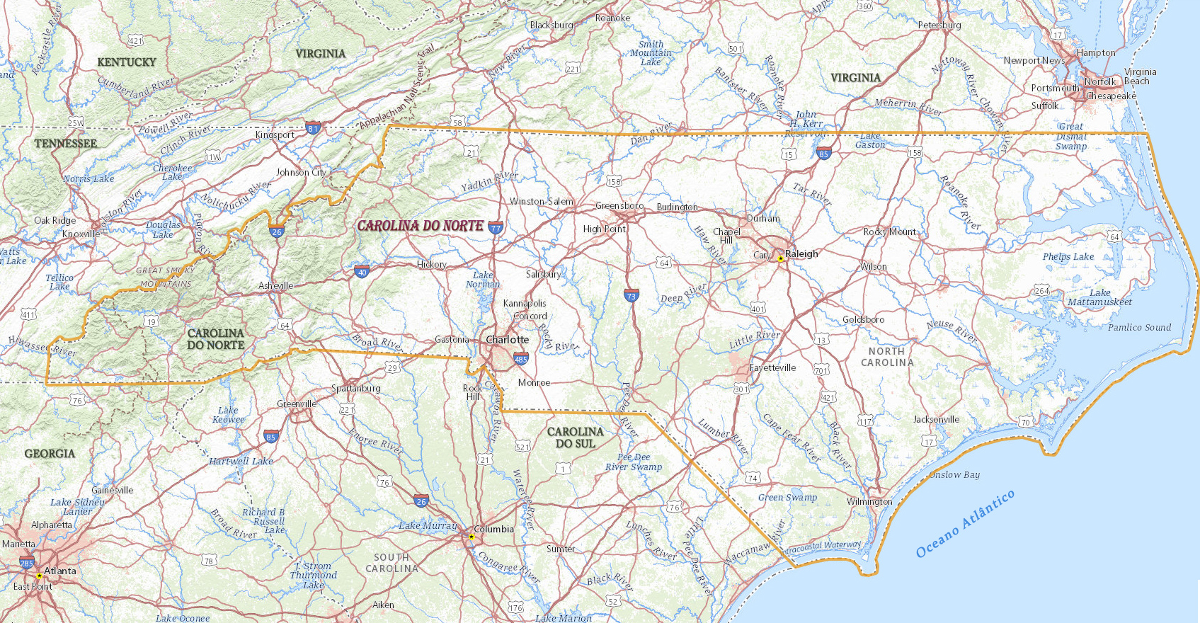 Mapa Carolina do Norte fisico