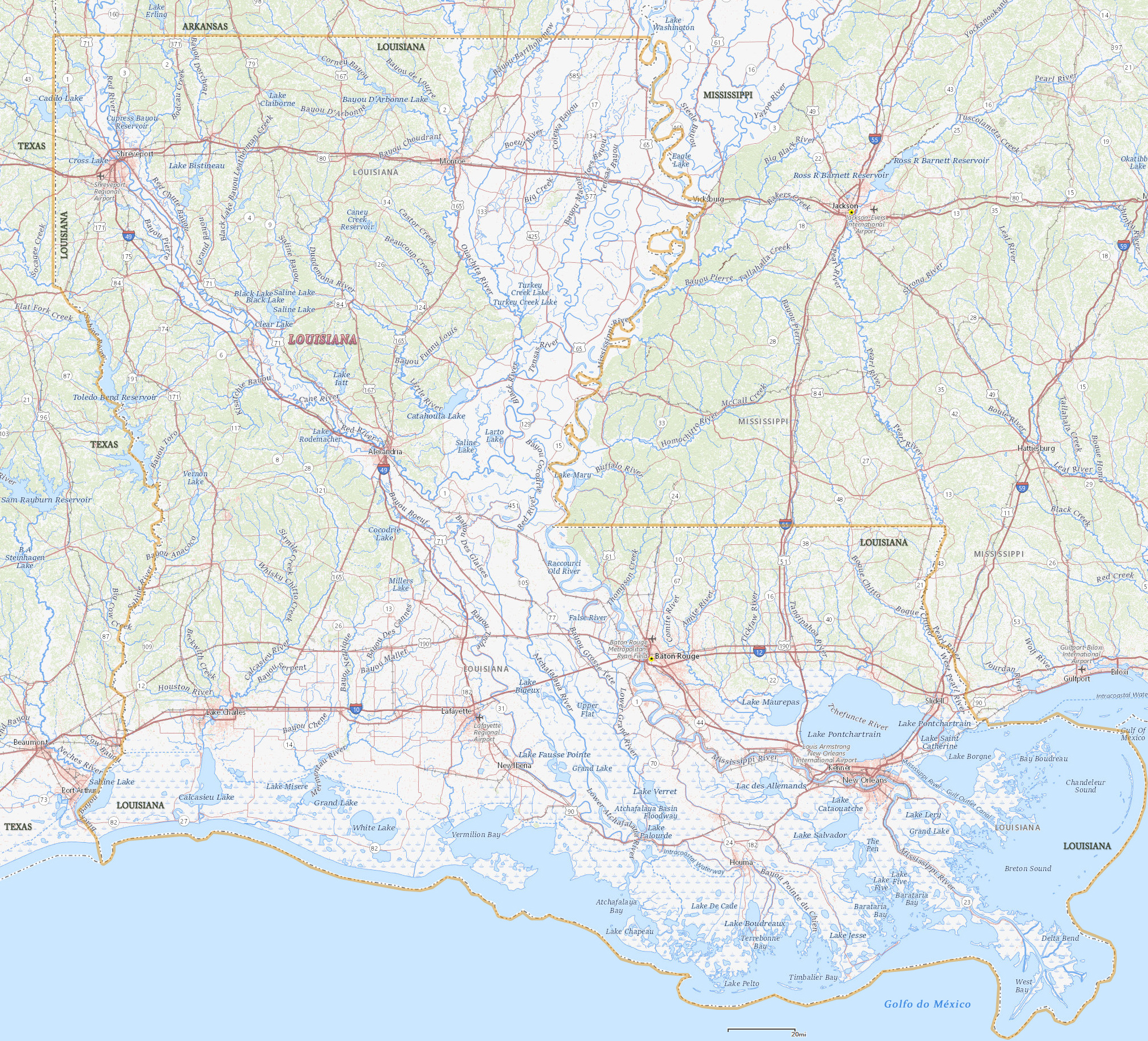 Mapa Físico Louisiana