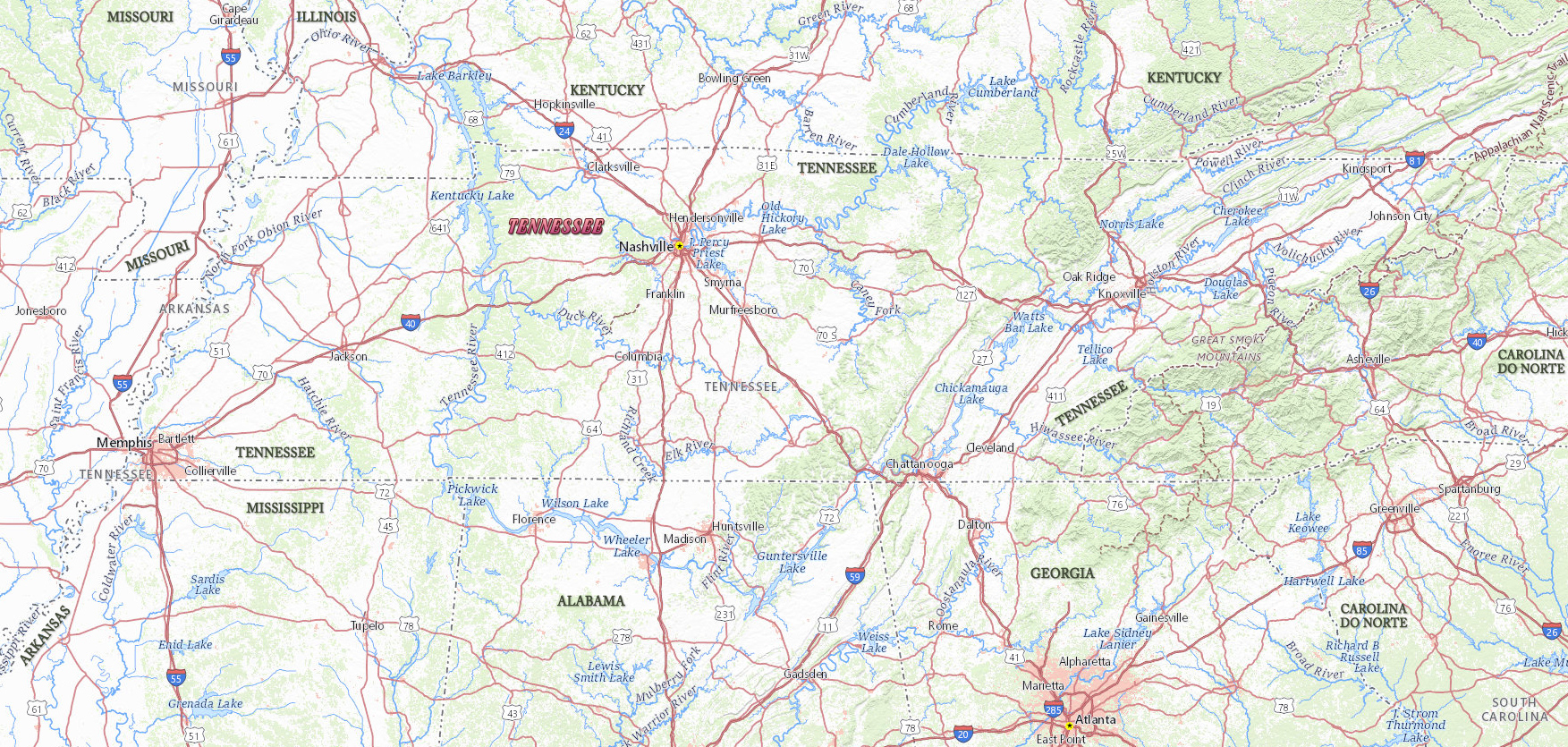 Tennessee mapa fisico