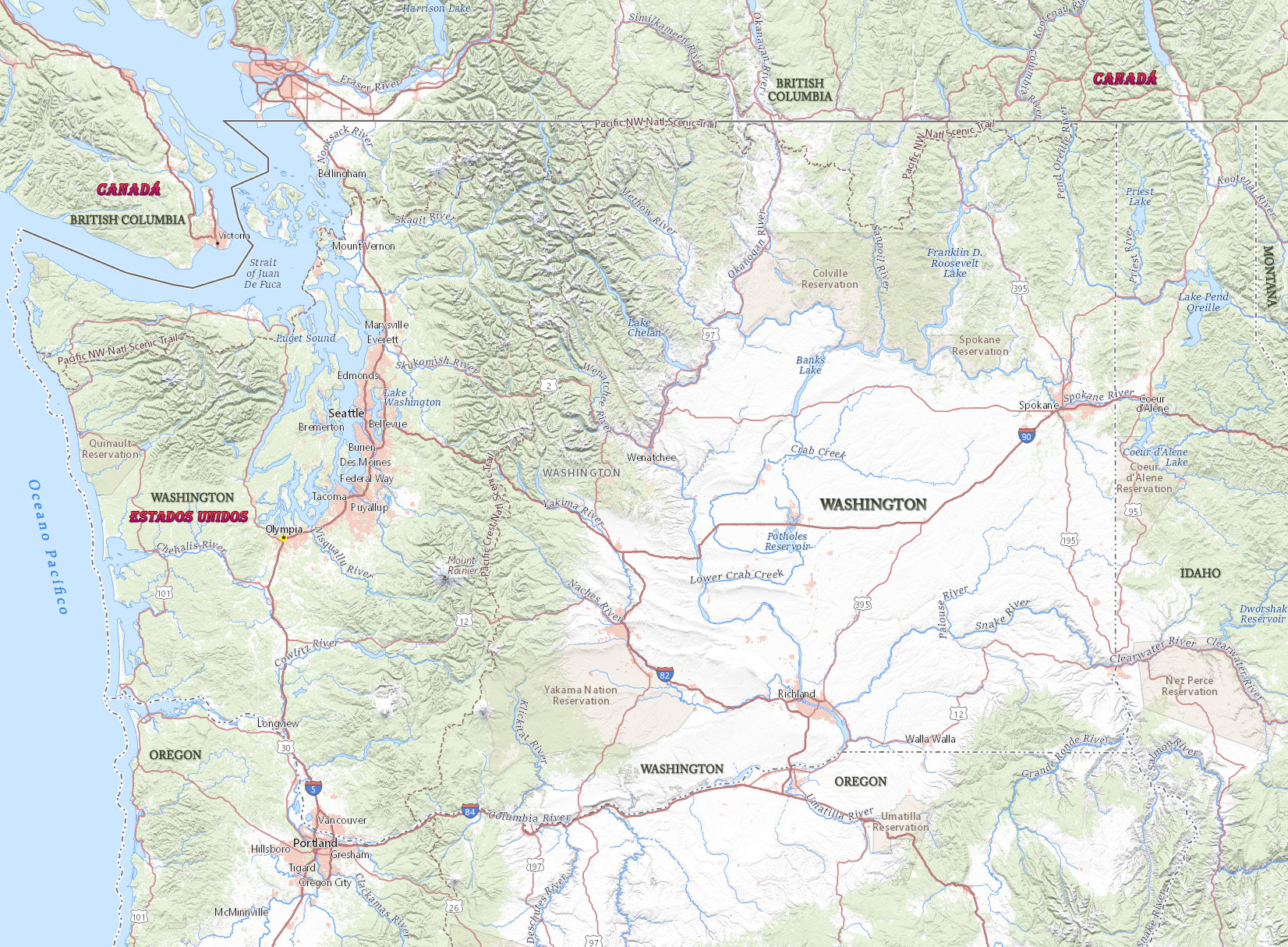 Mapa Estado de Washington Físico