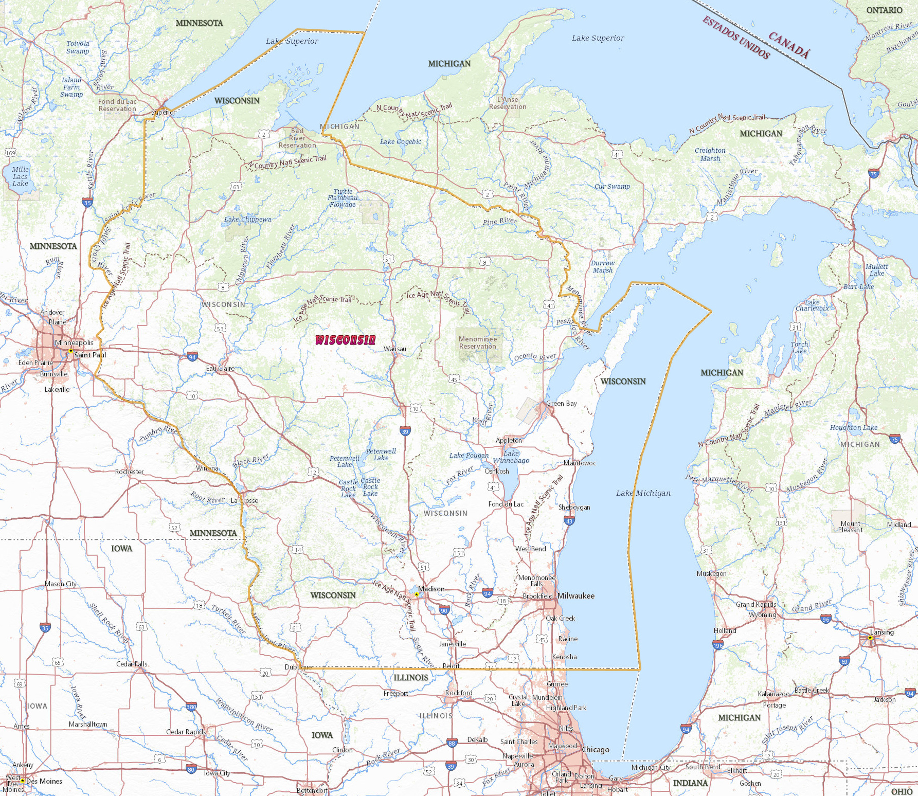 Mapa Wisconsin - Físico